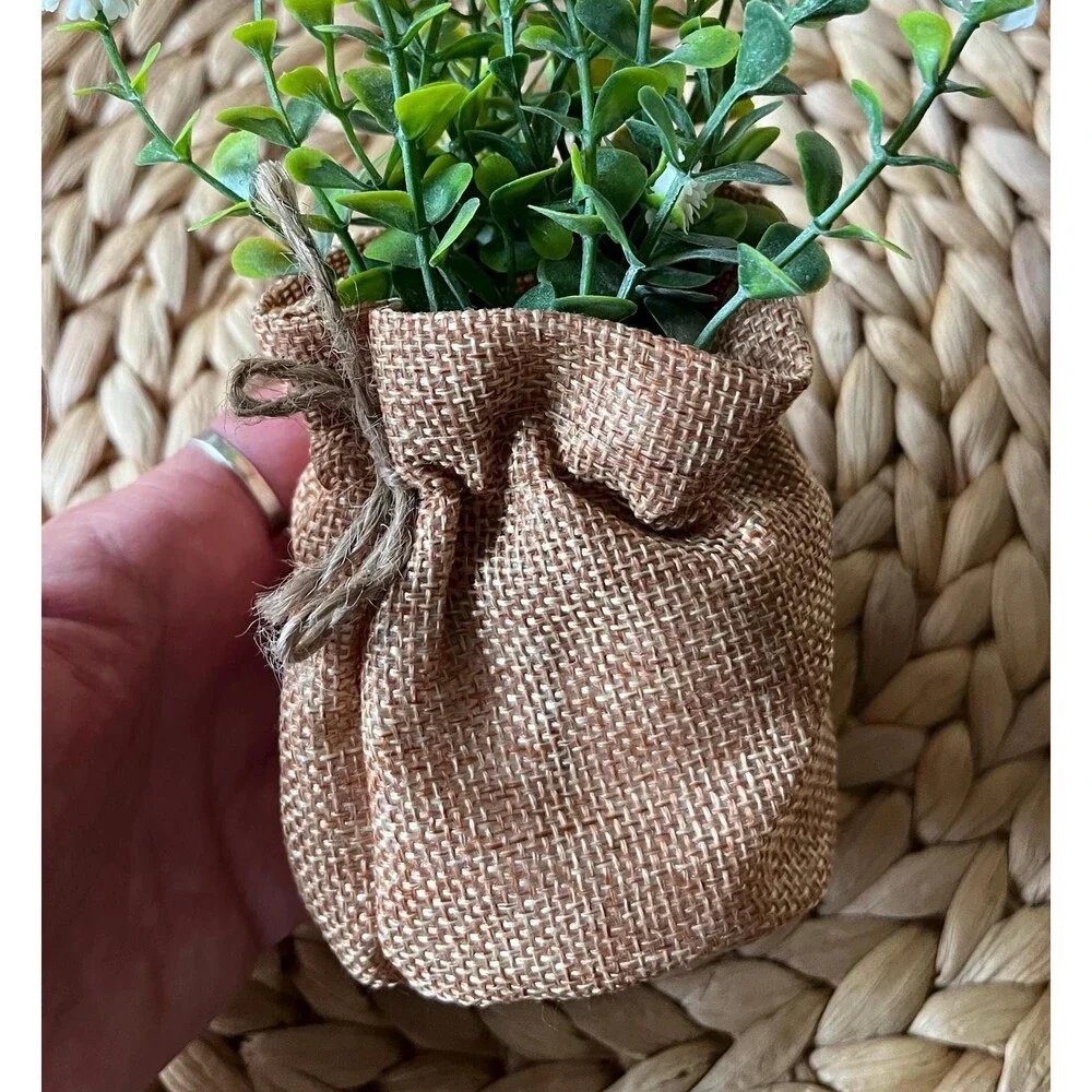 Handmade Macrame Plant Hanger with Artificial Baby’s Breath in Burlap Bag 16”